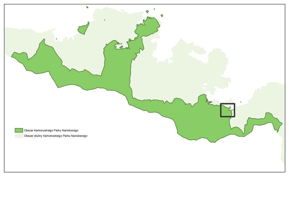Obszar Karkonoskiego Parku Narodowego z zaznaczonym (w kwadracie) fragmentem zawierającym ścieżkę „Dolina Wilczego Potoku” (autor: pracownia GIS KPN)